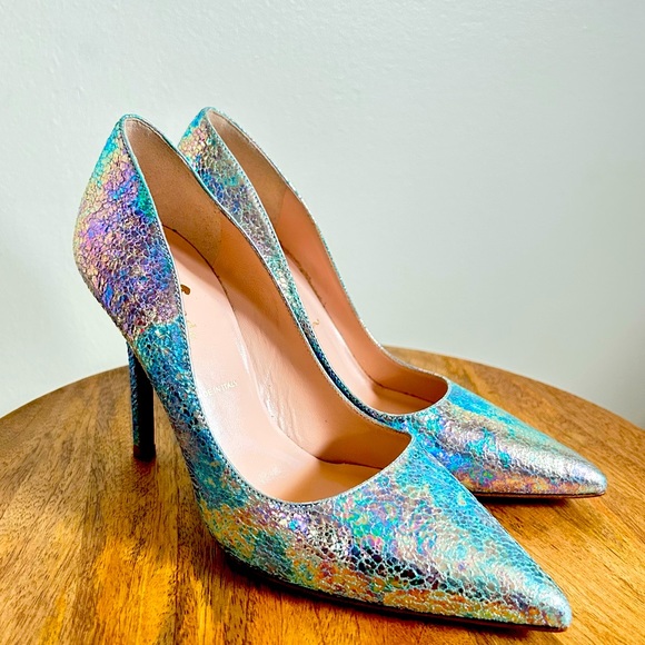 Kate Spade NWOB Larissa Blue Swirl Iridescent Crackle Genuine Leather 4”Heels 5M - Picture 3 of 15